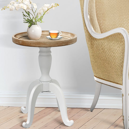 French Country Side Table with Octagonal Top, Natural + Distressed White