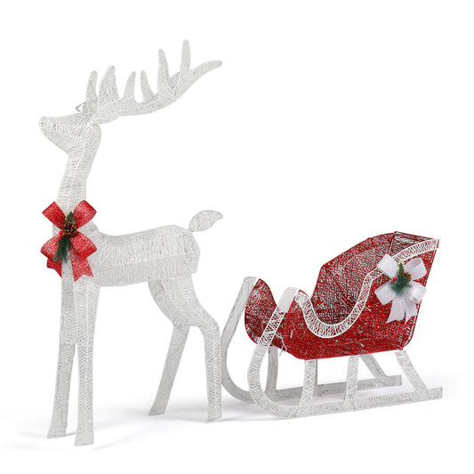 4ft Christmas Reindeer & Sleigh Outdoor with LED Lights, Red & White