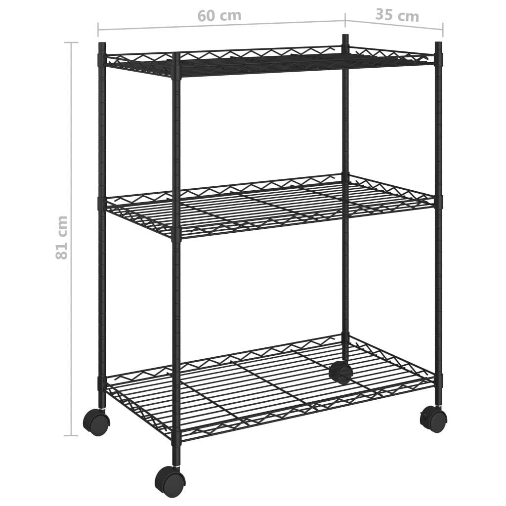 3-Tier Storage Rack with Wheels 60x35x81 cm Black 150 kg