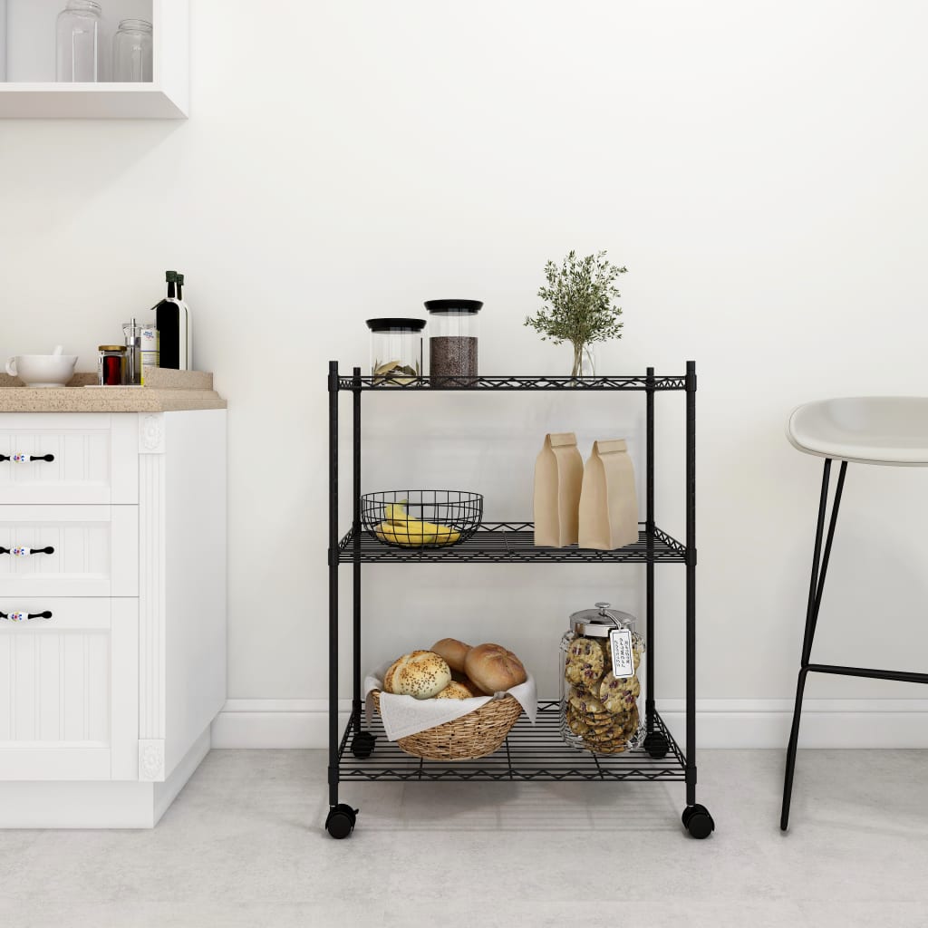 3-Tier Storage Rack with Wheels 60x35x81 cm Black 150 kg