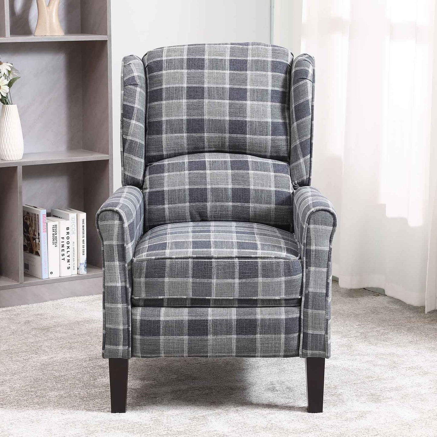 Tartan Reclining Chairs Wing Back - Grey
