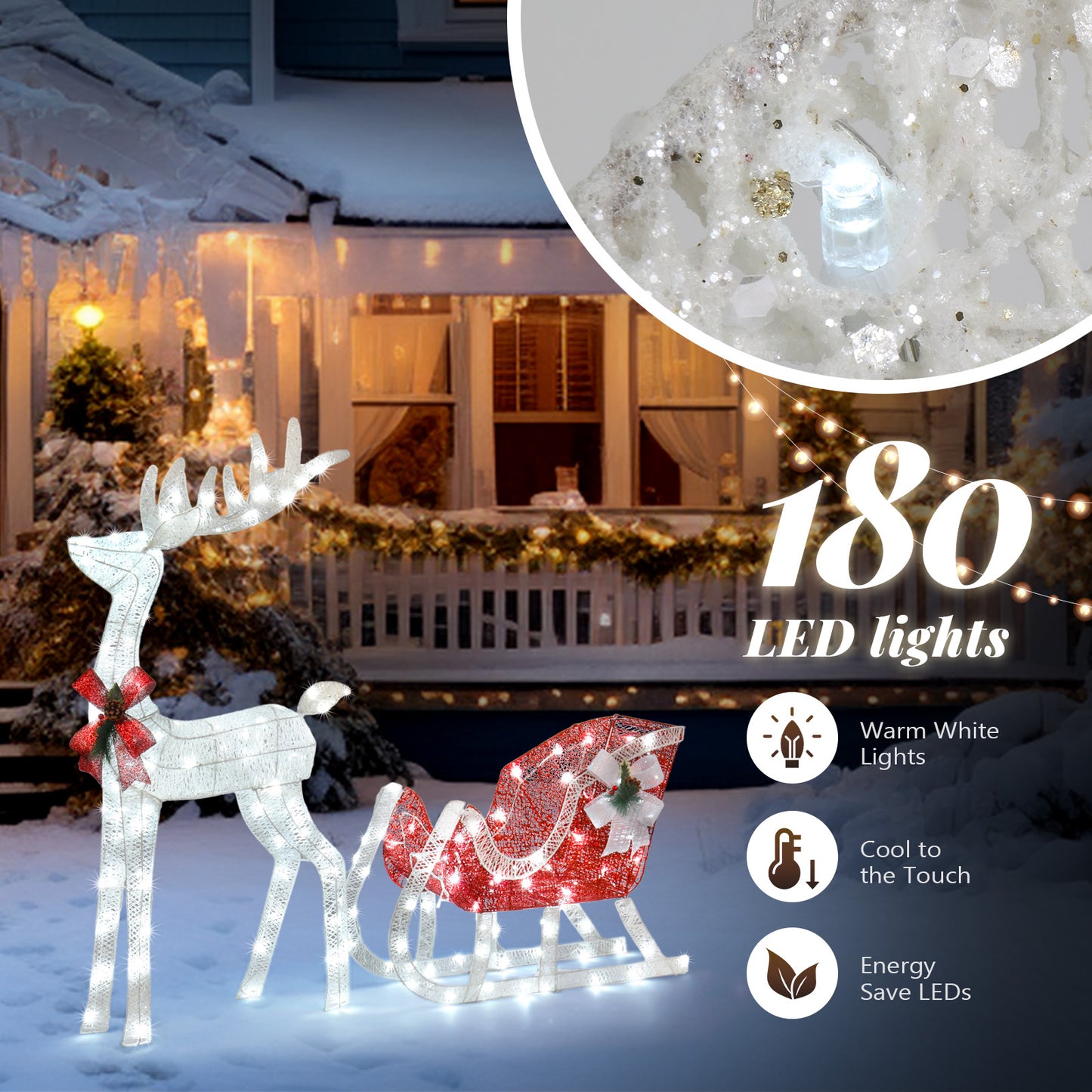 4ft Christmas Reindeer & Sleigh Outdoor with LED Lights, Red & White