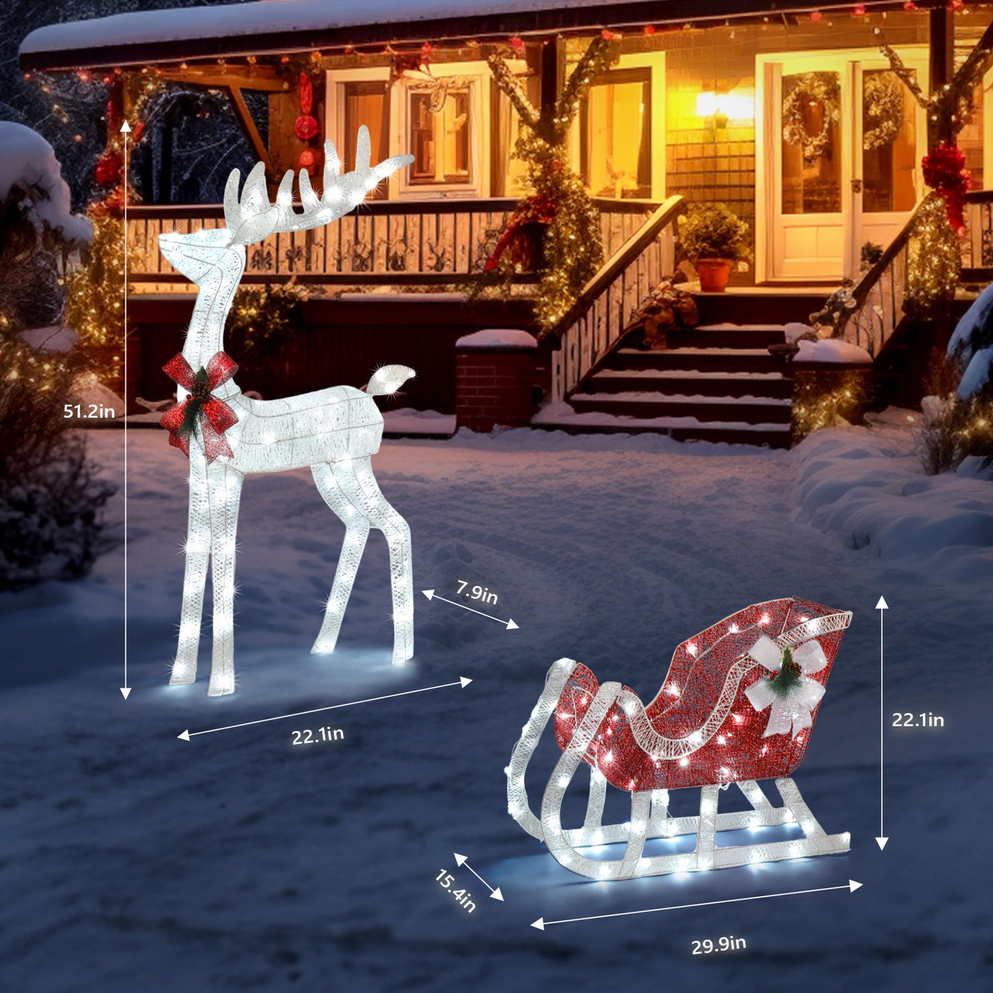 4ft Christmas Reindeer & Sleigh Outdoor with LED Lights, Red & White