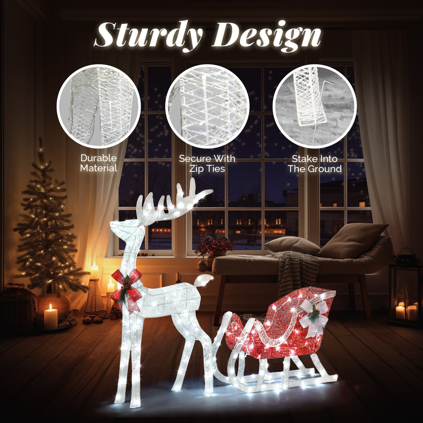 4ft Christmas Reindeer & Sleigh Outdoor with LED Lights, Red & White