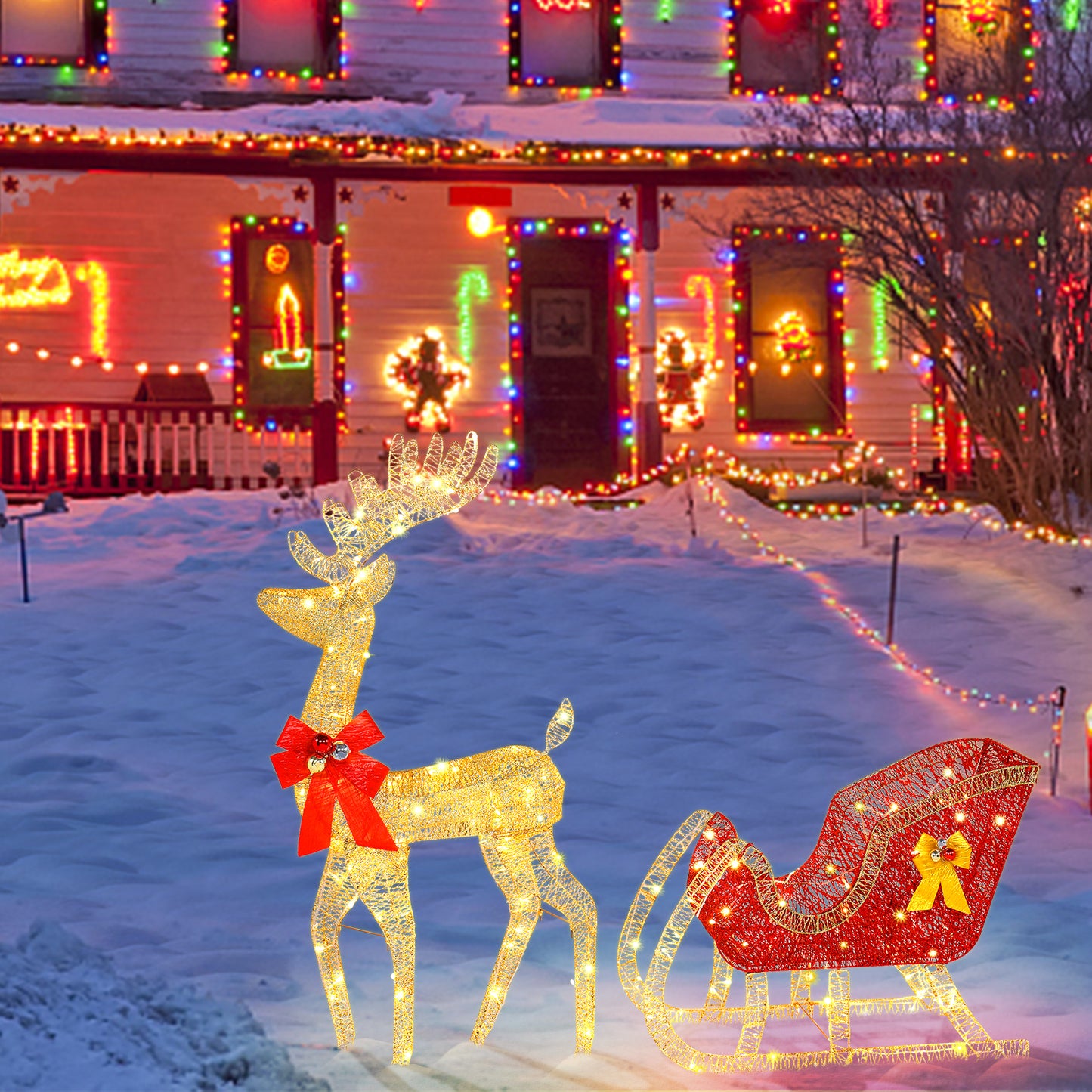 4ft Reindeer and Sleigh Light Up Family Outdoor Gold