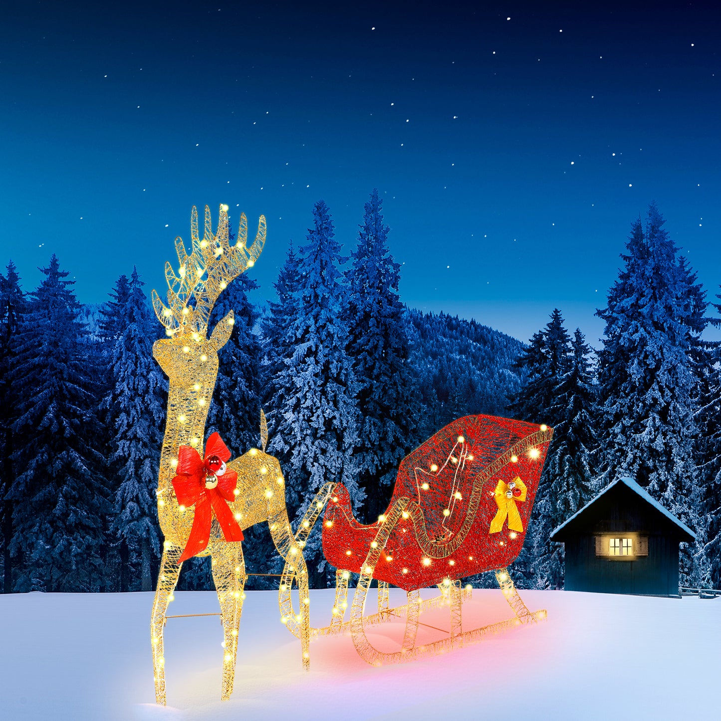 4ft Reindeer and Sleigh Light Up Family Outdoor Gold