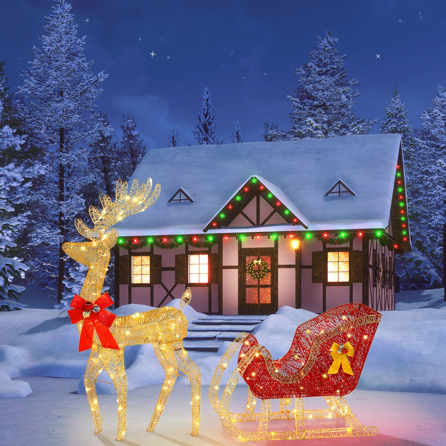 4ft Reindeer and Sleigh Light Up Family Outdoor Gold