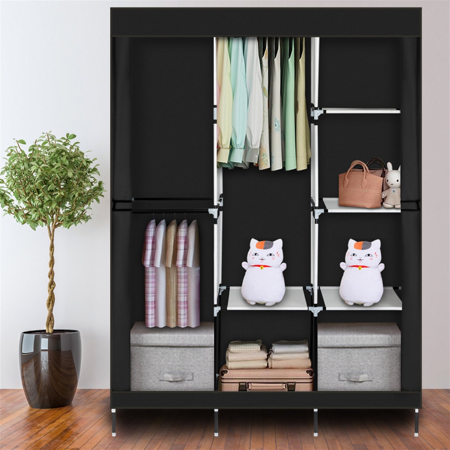 4 Layer 8 Compartment Fabric Wardrobe - Black