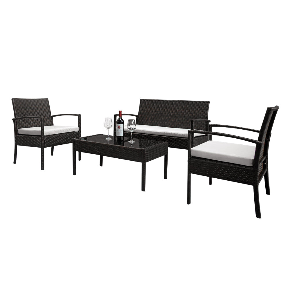 4 Piece Relaxed Rattan Balcony Set - Black Glass - White Cushions - Brown