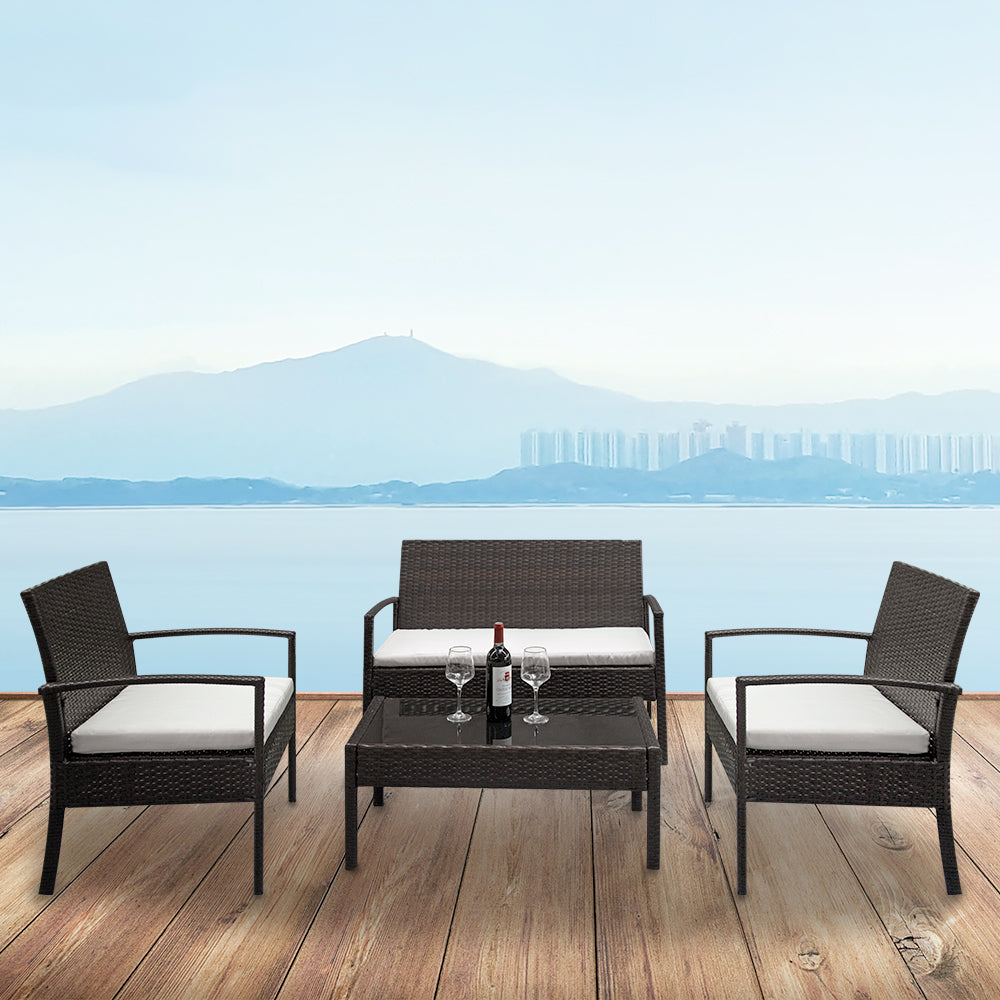 4 Piece Relaxed Rattan Balcony Set - Black Glass - White Cushions - Brown