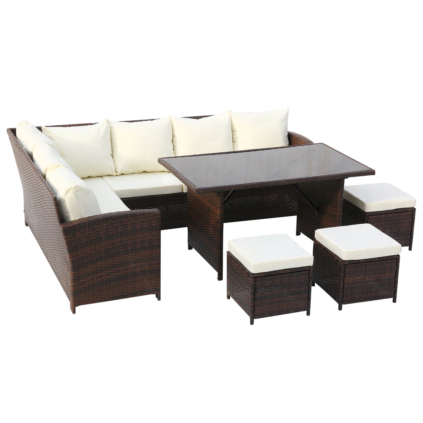 9 Seater Rattan Corner Dining Set - White Cushions - Brown