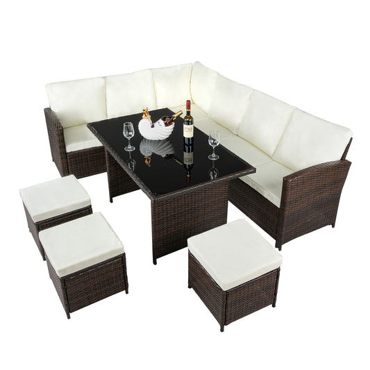9 Seater Rattan Corner Dining Set - White Cushions - Brown
