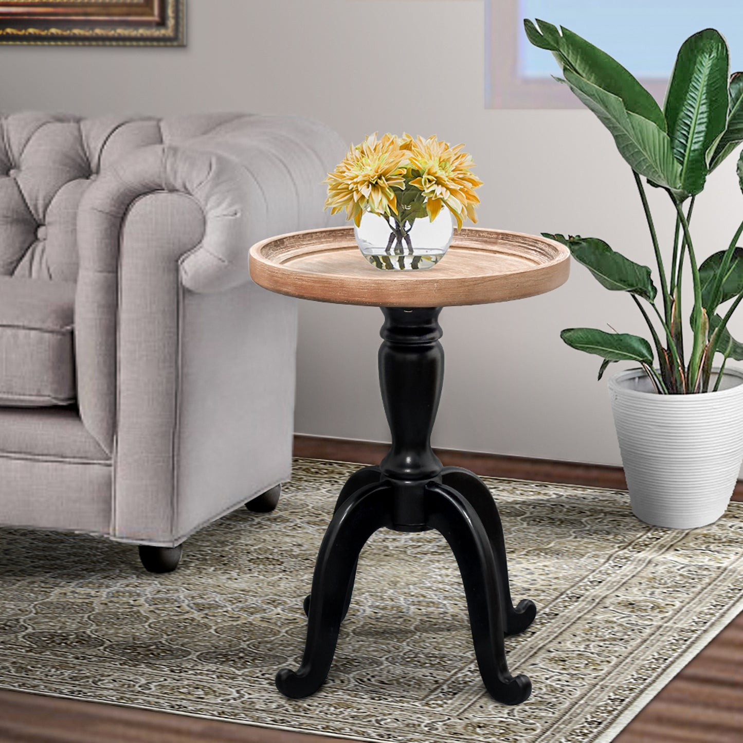 French Country Side Table with Octagonal Top, Natural + Black