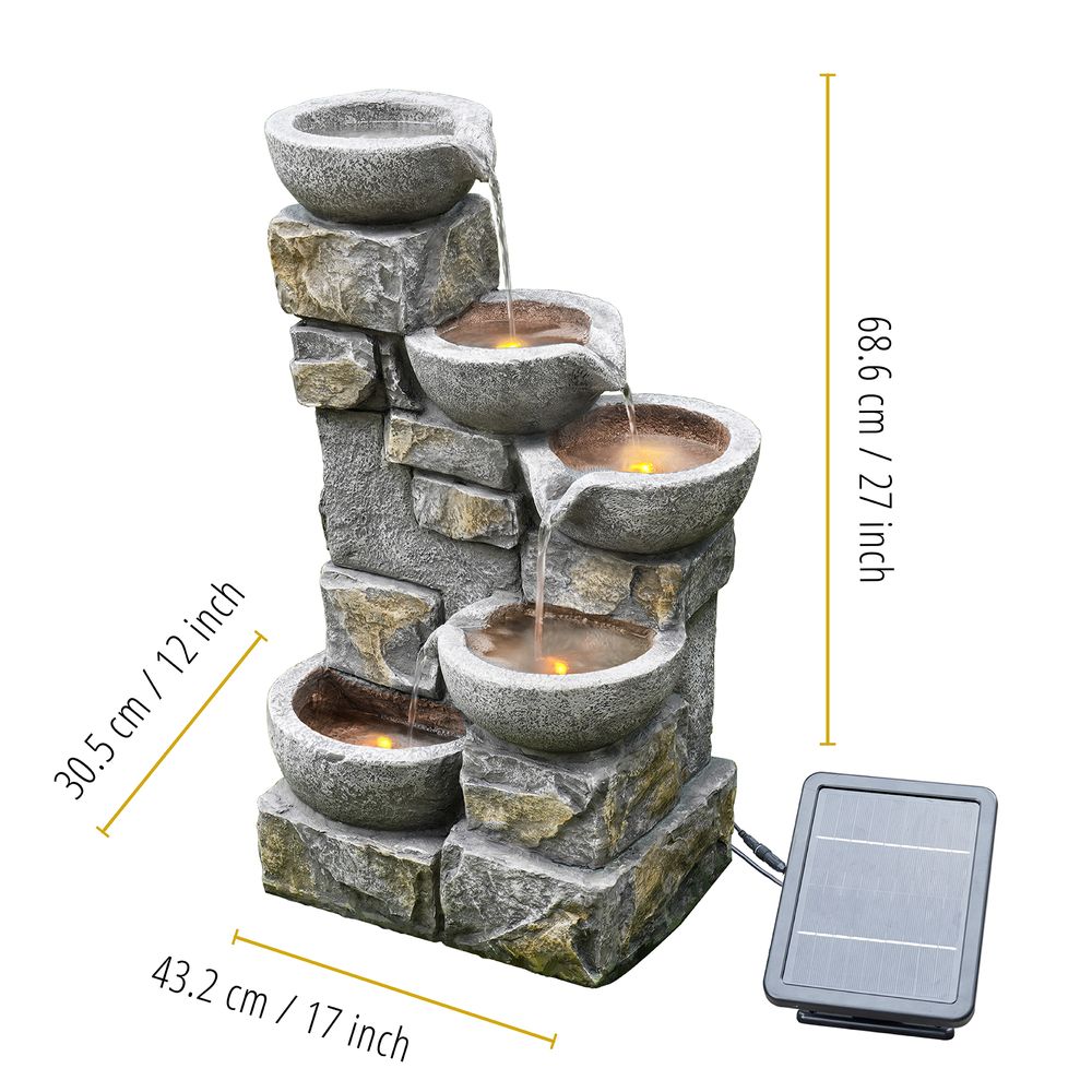 Solar Power Water Fountain Feature with Lights & Battery Back Up