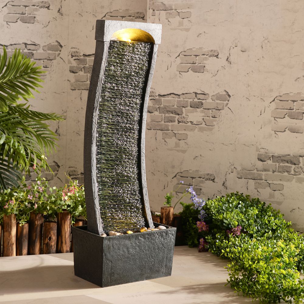 Garden Water Fountain Feature with Lights, Outdoor Curved Waterfall